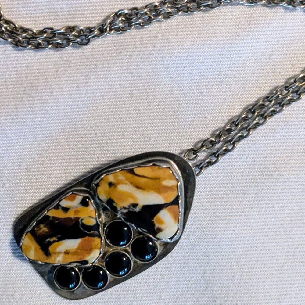 Native American Style Sterling Silver Paw Print Pendant | Jasper & Onyx Inlay